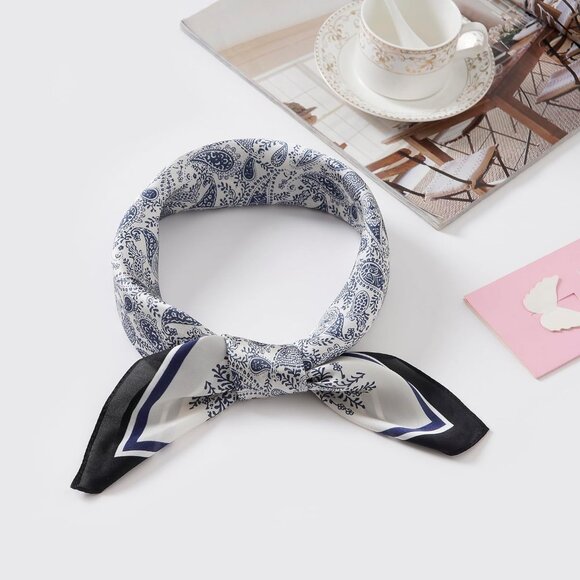 Women Navy Paisley Headscarf Satin Bandana Pattern Polyester Breathable Scarves - Picture 2 of 7